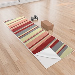 [ Thumbnail: Grey, Dark Red, Dark Salmon, and Pale Goldenrod Colored Striped Pattern Yoga Towel ]
