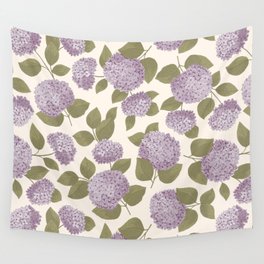 Floral pattern with large hydrangea flowers. Retro design in a purple and green palette. Wall Tapestry