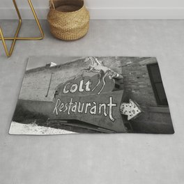 Colt Restaurant Sign Trinidad Colorado, Black and White Photo, Vintage Neon Sign Rug