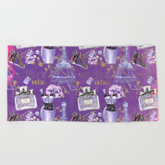 Fashion Victim - Paris France Elegance Shopping Girly in pink and purple Beach Towel