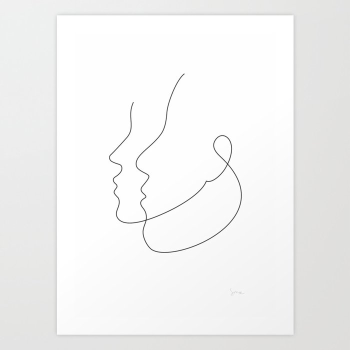 Two Face Profiles Abstract Couple Line Art Art Print By Siretmr
