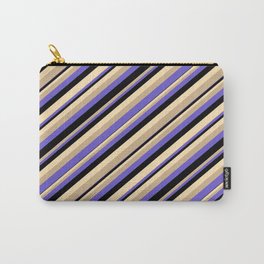 [ Thumbnail: Tan, Slate Blue, Black, and Beige Colored Stripes/Lines Pattern Carry-All Pouch ]