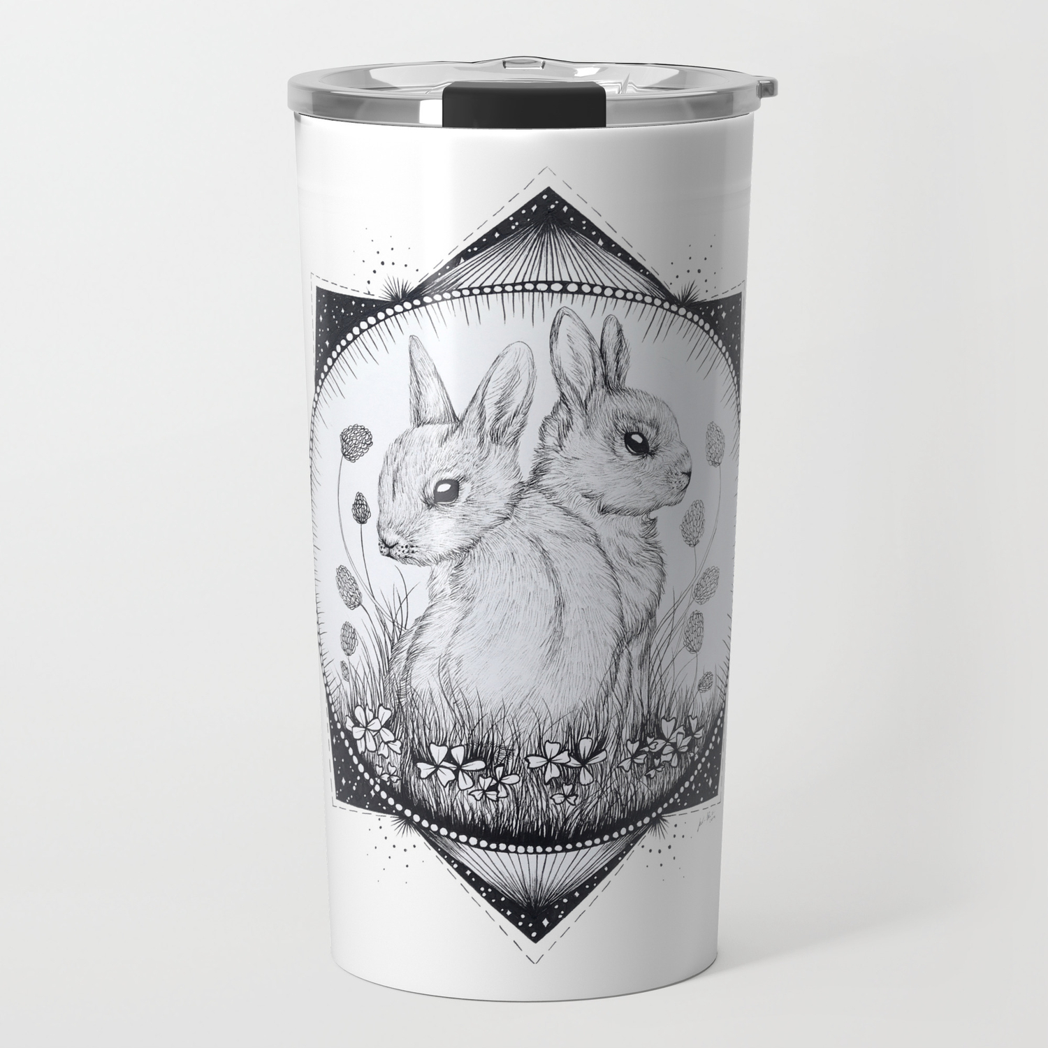 Clover Garden Black And White Rabbit Drawing Travel Mug By