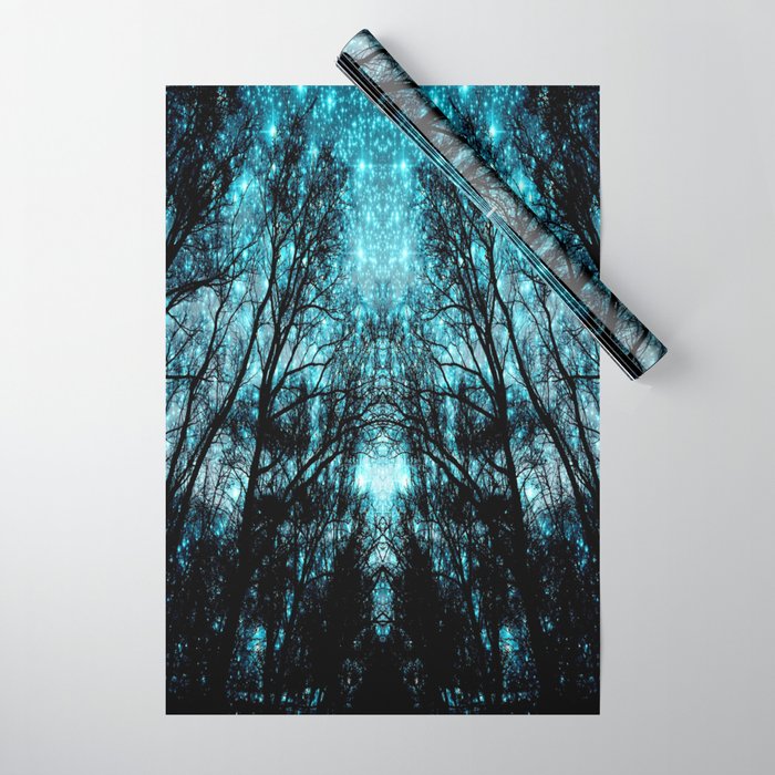 black trees turquoise teal sparkle space Wrapping Paper