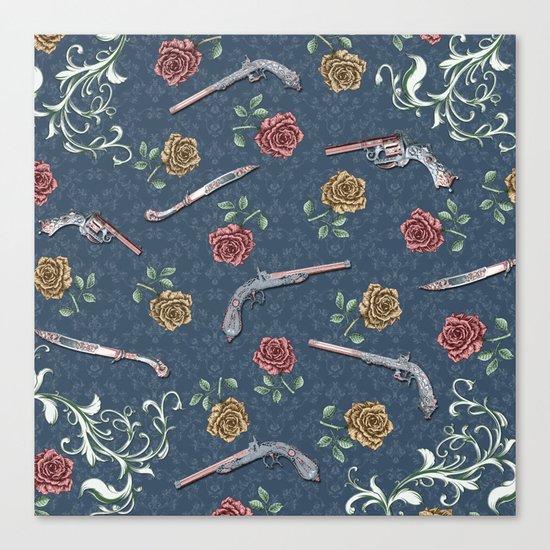 Elegant Guns, Knives and Roses on Blue Canvas Print