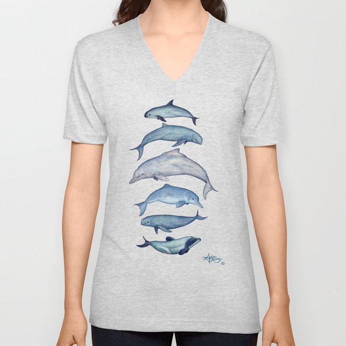 "Rare Cetaceans" by Amber Marine - Watercolor dolphins and porpoises - (Copyright 2017) V Neck T Shirt