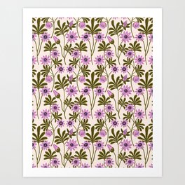Passion Blooms in Pink and Forest Green on Cream Art Print