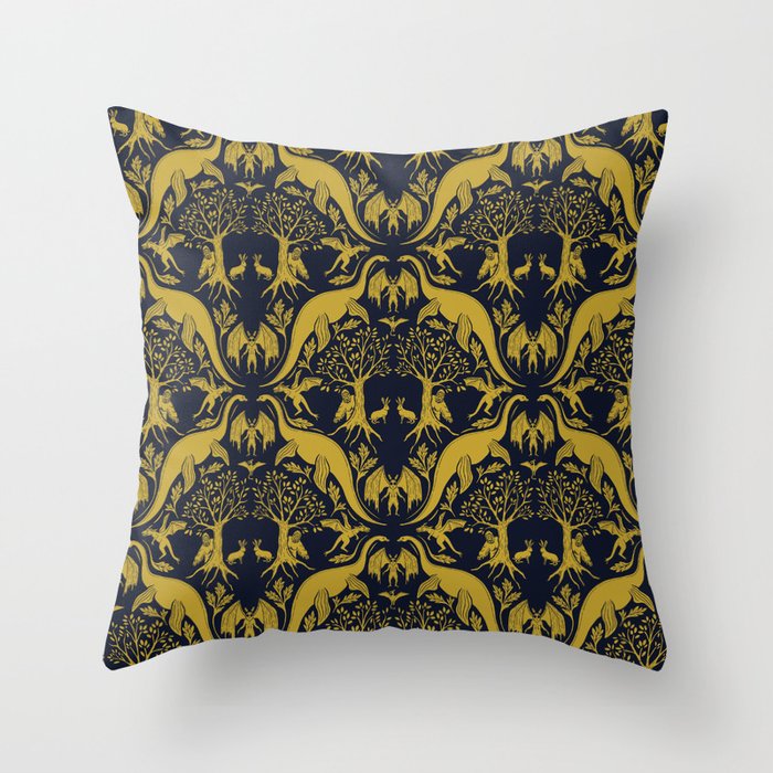 Gold & Navy Cryptid Damask Throw Pillow