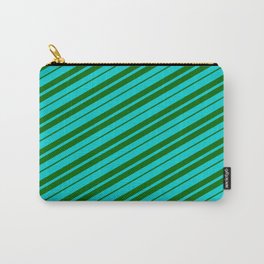 [ Thumbnail: Dark Turquoise & Dark Green Colored Lined/Striped Pattern Carry-All Pouch ]