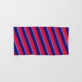 [ Thumbnail: Crimson, Medium Slate Blue & Midnight Blue Colored Lines/Stripes Pattern Hand & Bath Towel ]