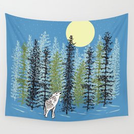 Wolf Howling at the Moon with Woodland Trees in Winter Wall Tapestry