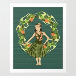 Hula Pineapple Wreath Art Print | Hawaii, Polynesia, Traditionaldance, Dance, Collage, Grassskirt, Hula, Polynesian, Fruit, Performingarts 