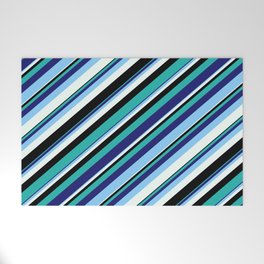 [ Thumbnail: Colorful Light Sea Green, Midnight Blue, Light Sky Blue, Mint Cream & Black Colored Stripes Pattern Welcome Mat ]
