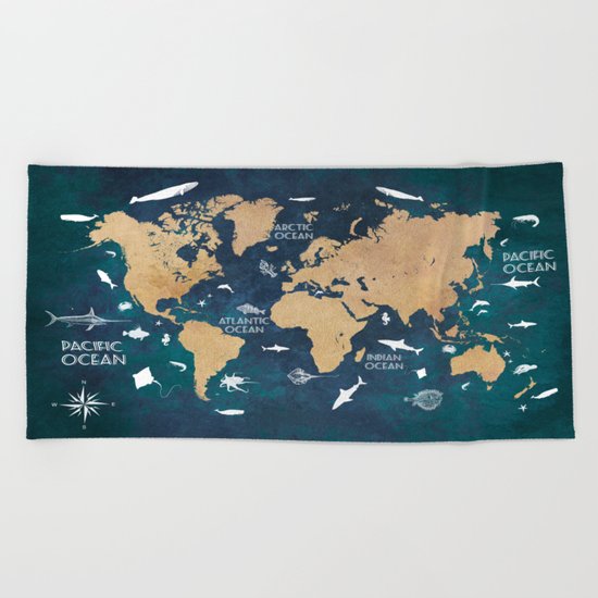 World Map Oceans Life blue Beach Towel