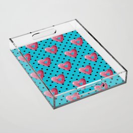Pink plaid watercolor heart shaped donuts with polka dots on blue background Acrylic Tray