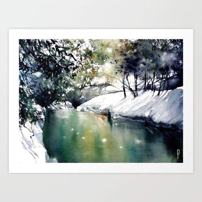 Running Water Down Below In The Dark Frozen Forest Art Print By Zawij