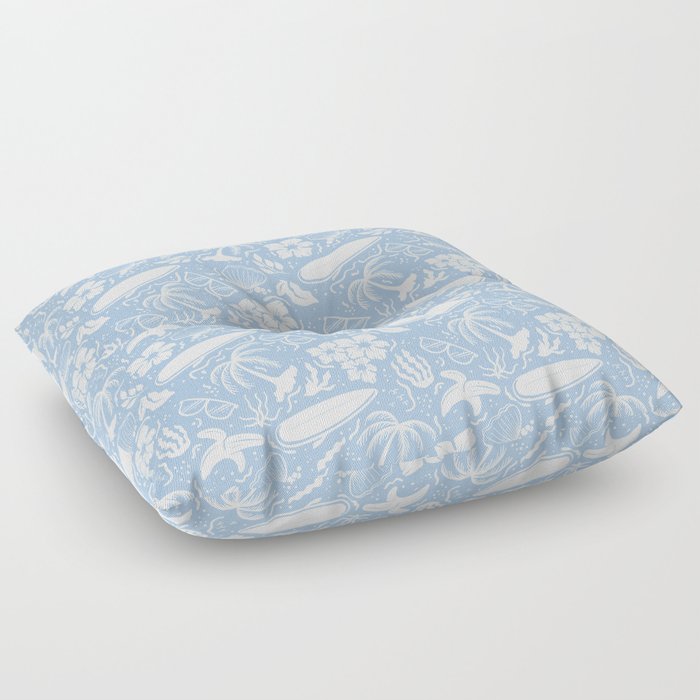 Pale Blue and White Surfing Summer Beach Objects Seamless Pattern Floor Pillow
