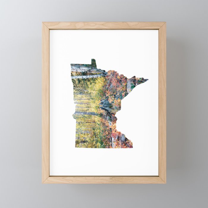 Minnesota Map and Colorful Autumn Forest Framed Mini Art Print