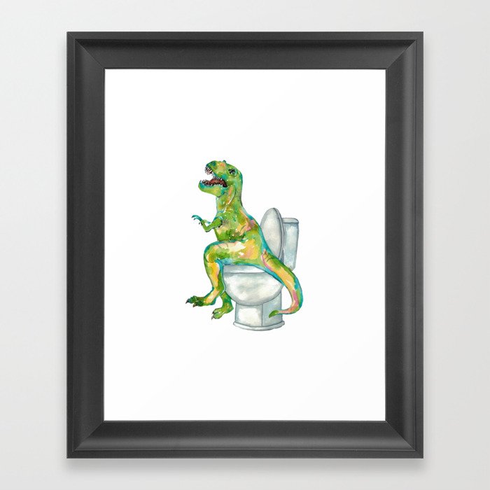 T-rex in the bathroom dinosaur painting Framed Art Print