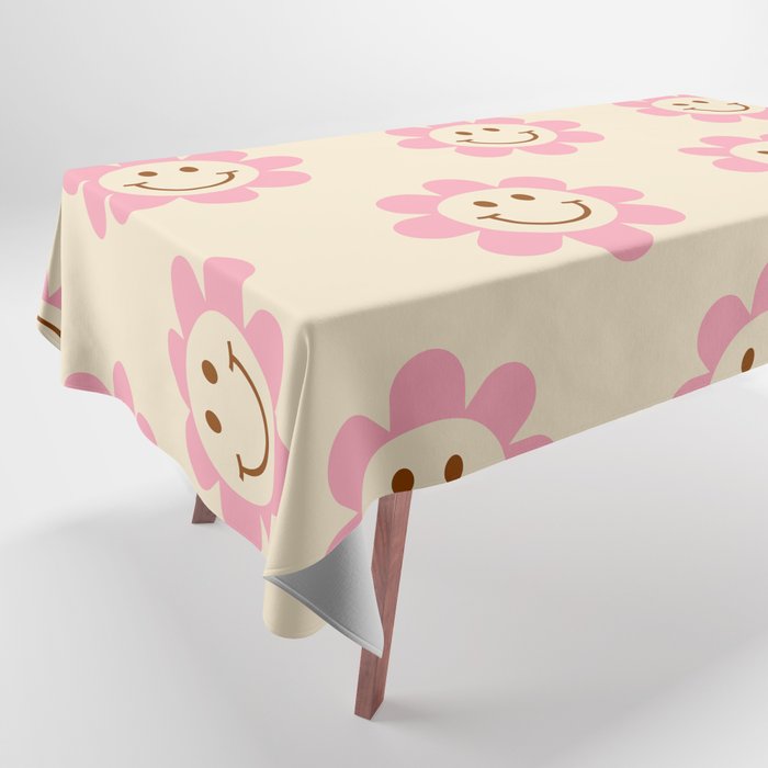70s Retro Smiley Floral Face Pattern in Pink and beige Tablecloth