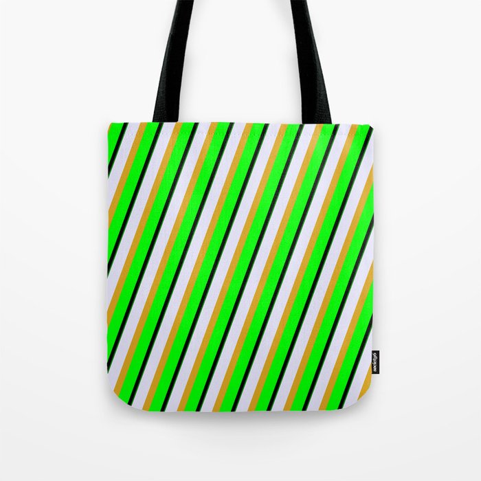 Eyecatching Lavender, Goldenrod, Lime, Black, and Green Colored Lines Pattern Tote Bag