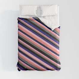[ Thumbnail: Eye-catching Pink, Light Coral, Dim Grey, Black, and Midnight Blue Colored Stripes Pattern Comforter ]
