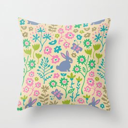 BUNNY RABBIT - Rabbit and Flowers in Springtime Purple Green Blue Pink Beige Throw Pillow