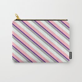 [ Thumbnail: Indigo, Dark Grey, Mint Cream, and Light Pink Colored Lines Pattern Carry-All Pouch ]
