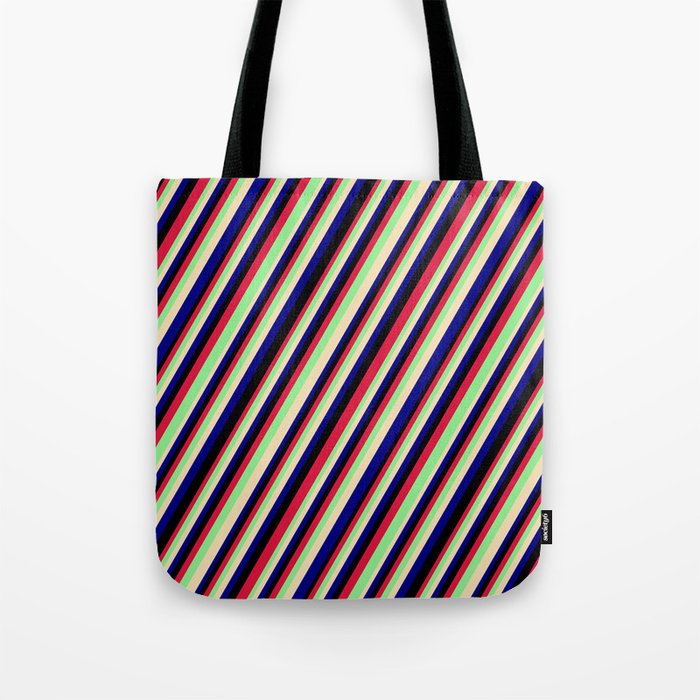 Colorful Crimson, Light Green, Tan, Blue & Black Colored Lined Pattern Tote Bag