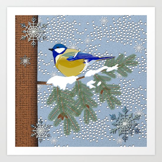 Blue bird in winter Art Print