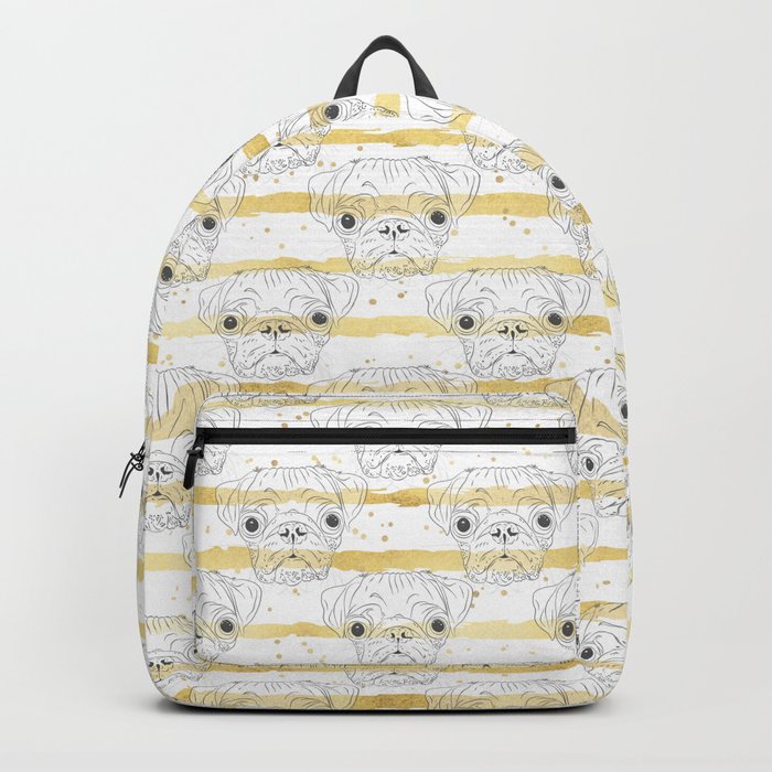 Cute hand drawn pug dog and golden stripes pattern Backpack