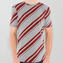 [ Thumbnail: Grey and Dark Red Colored Lined Pattern All Over Graphic Tee ]