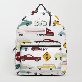 Beep Beep! Cars and Trucks Traffic Pattern Backpack | Whimsical, Bike, Bicycles, Trailer, Drawing, Colored Pencil, Pickup, Cute, Van, Scooter 