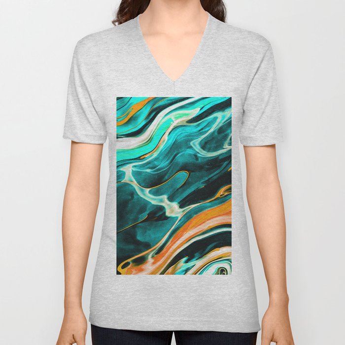 Blue Green Marble Painting V Neck T Shirt