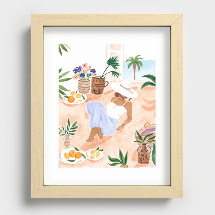 Woman Sitting by the Window Art Print - Sabina Fenn Illustration - Feminine Gouache Tropical Portrai Recessed Framed Print