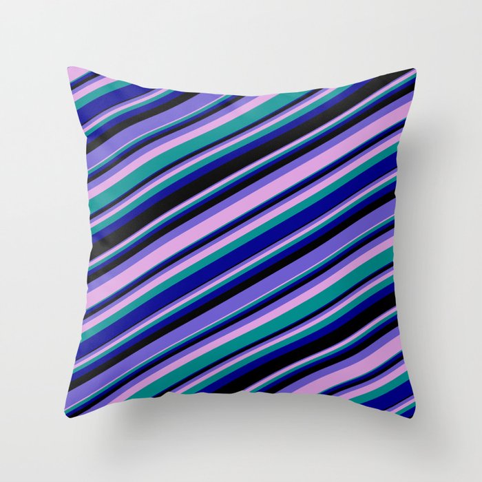 Vibrant Slate Blue, Plum, Dark Cyan, Dark Blue & Black Colored Lines/Stripes Pattern Throw Pillow