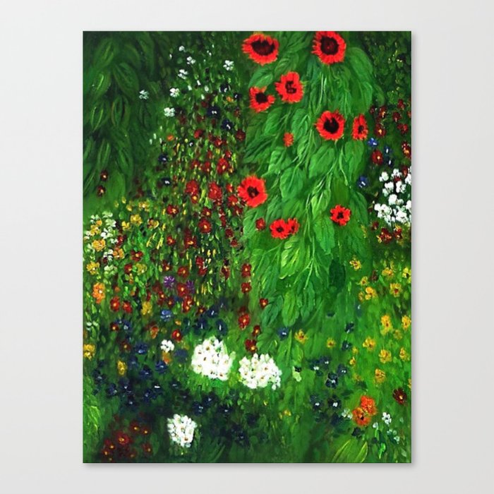 Red Sunflowers, Anemones & Red Poppies and Floral Farm Garden by Gustav Klimt Canvas Print