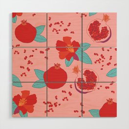 Pomegranate fruit and flower pink and red pattern Wood Wall Art