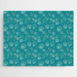 Vintage Seashell Pattern In Tropical Ocean Aqua And Blue Boho Aesthetic Jigsaw Puzzle