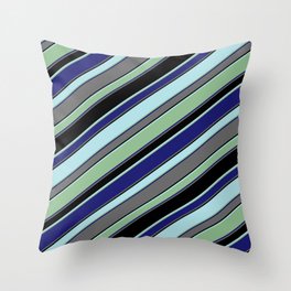 [ Thumbnail: Powder Blue, Dark Sea Green, Midnight Blue, Dim Gray, and Black Colored Striped/Lined Pattern Throw Pillow ]