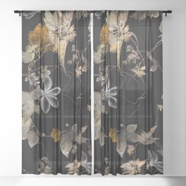 Watercolor painting of leaf and flowers, seamless pattern on dark background Sheer Curtain