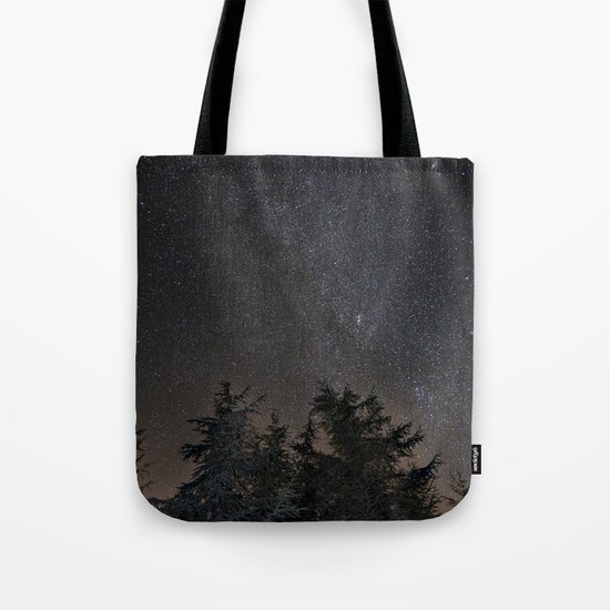 Andromeda Galaxy, Perseus and milkyway over the forest in the mountains Tote Bag