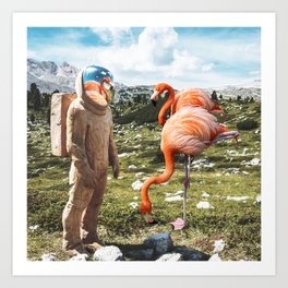 Alternate Reality, Surrealism Digital Photography, Space Flamingo Astronaut Collage Art Print