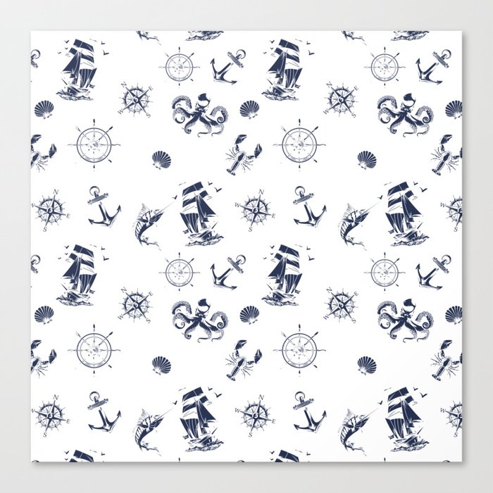 Navy Blue Silhouettes Of Vintage Nautical Pattern Canvas Print