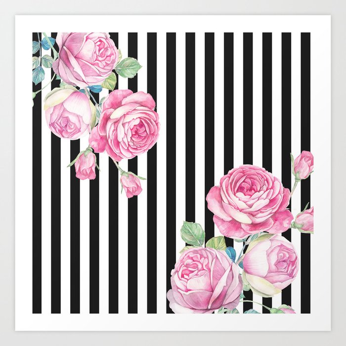 Black White Blush Pink Watercolor Floral Stripes Art Print By Pink Water | Society6