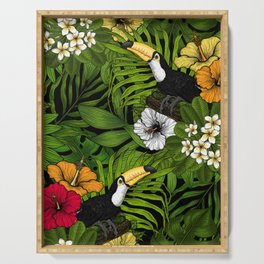 Toucans and tropical flora, green, yellow, red and orange Serving Tray