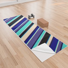 [ Thumbnail: Eye-catching Dark Slate Blue, Bisque, Turquoise, Blue, and Black Colored Lined/Striped Pattern Yoga Towel ]
