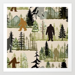 Bigfoot hiding among the pine trees Art Print