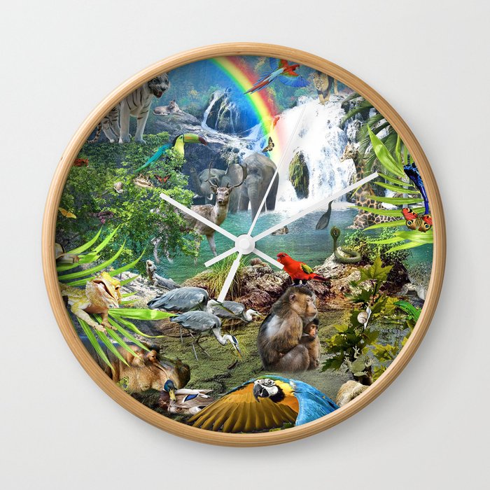 Jungle Waterfall Wild Animal Animals Scene Wall Clock