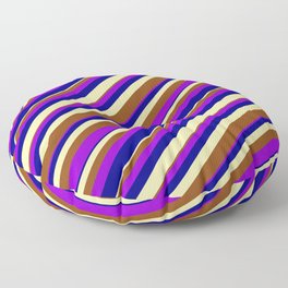 [ Thumbnail: Pale Goldenrod, Brown, Dark Violet & Blue Colored Lined Pattern Floor Pillow ]